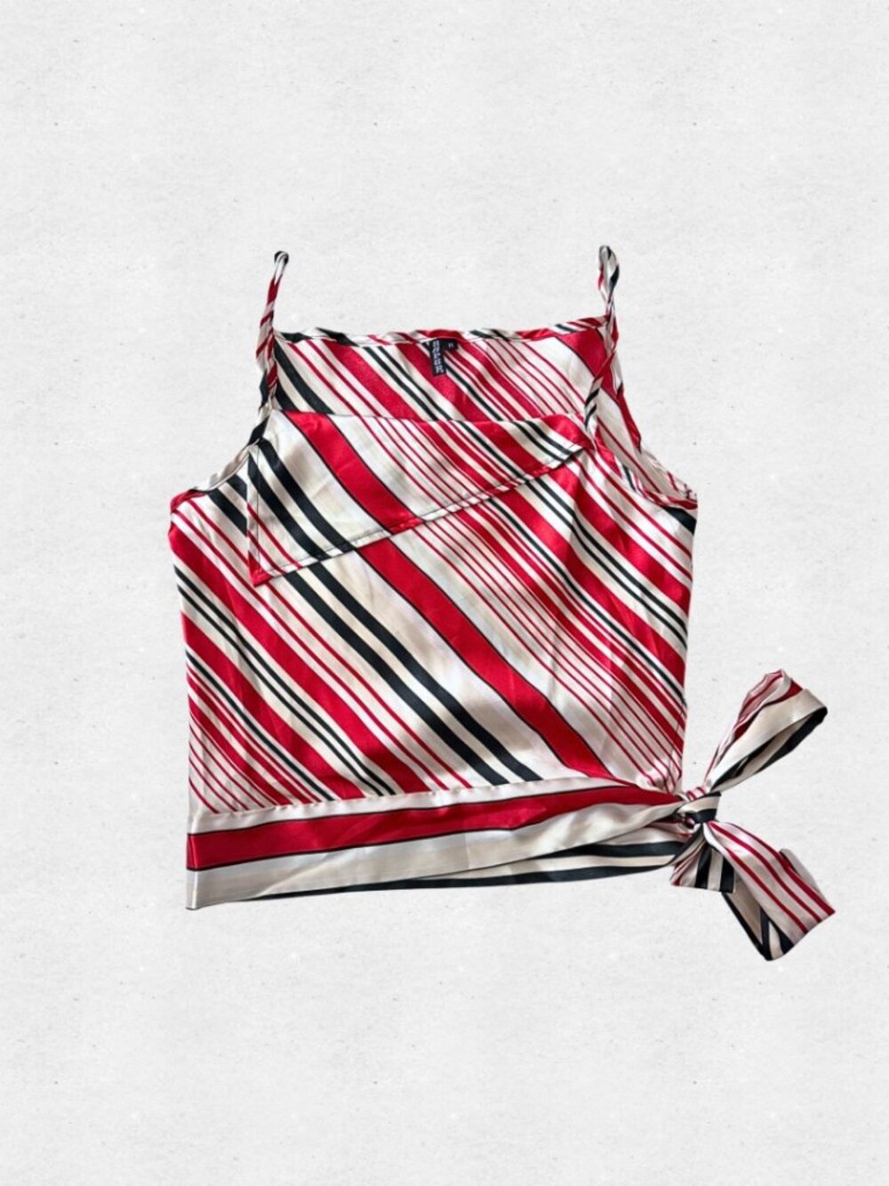 Y2K Vintage Silky Black White Red Diagonal Stripe Top Side Tie Office Siren Chic